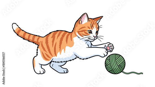 Ginger and White Kitten Playfully Batting at a Green Ball of Yarn Vector Illustration