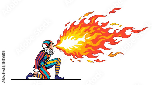 Jester Performer in Colorful Costume Kneeling and Breathing Fire in a Dramatic Performance