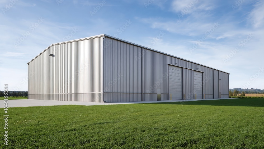 Obraz premium Large modern industrial warehouse building with clean exterior located beside green grass under clear sky