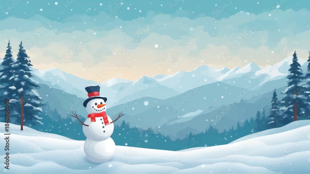 Obraz premium 3D cute snowman illustration on snowy landscape background,Seamless pattern Winter Background, snowman standing infront of giant mointains, winter environmet with tress 