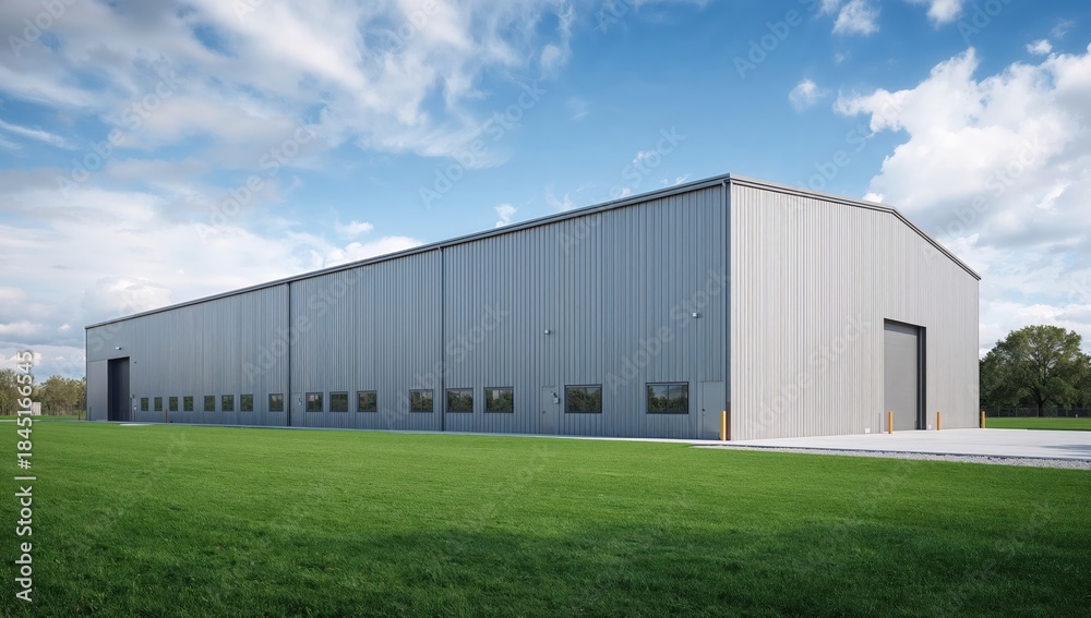 Obraz premium Modern steel warehouse building standing in open area with grass and blue sky background