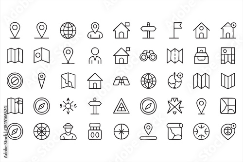 Travel Map Line Icons for Destination and Route Planning UI
