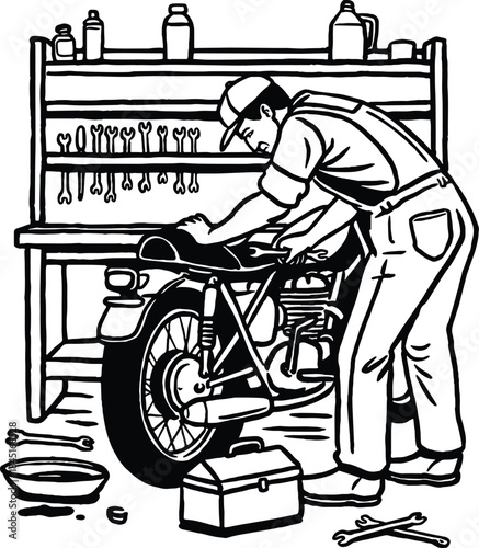 A man repairing the rear tire of a vintage motorcycle with tools spread on a workbench in a classic workshop.