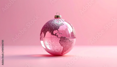Globe ornament with a silver continent design on a soft pink background, casting a soft shadow