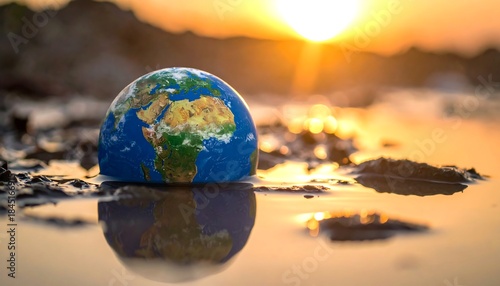 Globe submerged in muddy water reflects a bright sunrise, depicting environmental concerns and global challenges
