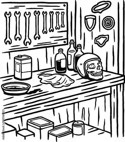 A detailed view of a vintage garage table featuring motorcycle tools, bottles, and a skull-themed helmet.