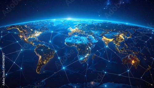 Globe view with connected lines and city lights at night against a star-filled sky. Visualizes global connectivity