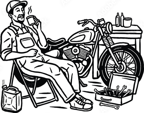 A relaxed mechanic enjoying a cup of coffee in a vintage garage beside his custom motorcycle and tools.