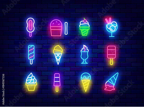 Ice cream neon symbols collection. Melting milky product. Various types of sweet cold desserts. Ice cream on stick, in glass and corn. Glowing candy shop. Vector stock illustration