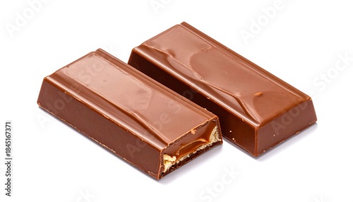 Glossy chocolate bar split in two halves, revealing the crispy wafer layers inside on a plain white backdrop