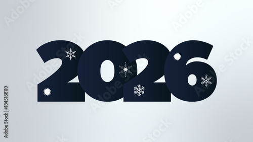 2026 Happy New Year. Deep blue gardient symbol with snowflakes. Illustration for decoration, celebration, congratulation, web, design, greeting, winter holiday