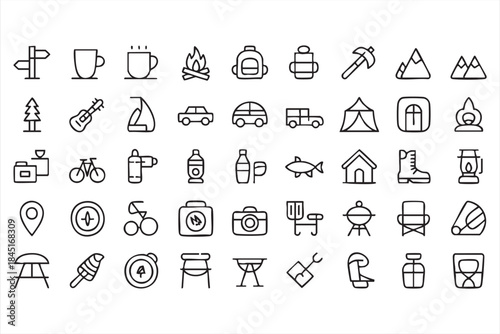 Camping Gear Line Icons for Hiking and Tourism Platforms