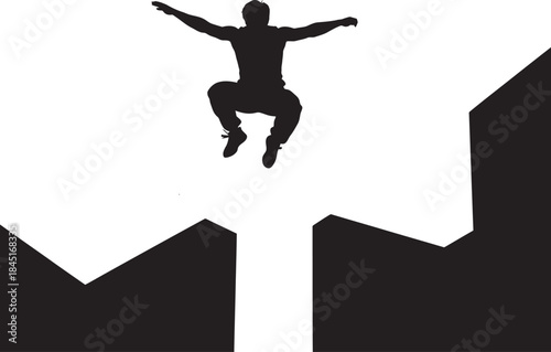 Parkour Precision Jump Vector: Dynamic silhouette of an athlete executing a precision jump or leap across a gap between two obstacles. Ideal for extreme sports, challenges, and fitness themes.