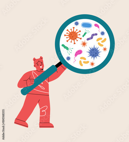 Girl holding magnifying, researching germs, bacteria or viruses. Colorful vector illustration