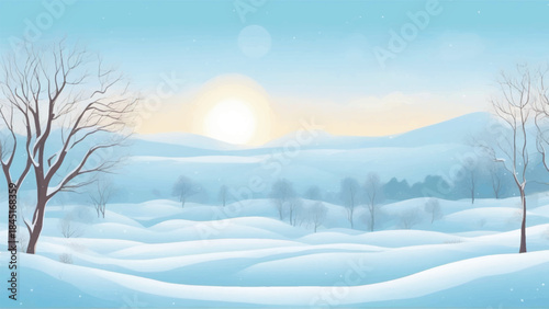 A comprehensive illustration of a flat landscape characterized by a snowy background, extensive snowdrifts, and continuous snowfall. Flat winter landscape with snowy mountains, woods, spruce trees