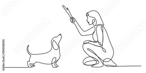 Continuous line drawing of woman playing with dog Vector, illustration