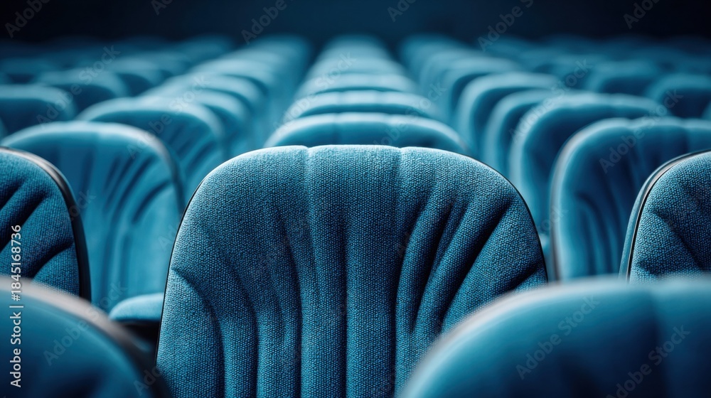 Obraz premium Rows of blue theater seats in a darkened auditorium, ready for a show.
