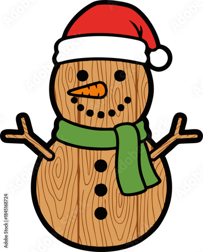 Wooden Snowman Wearing Santa Hat and Green Scarf.