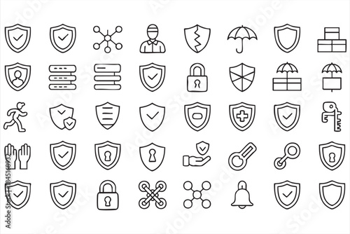 Cybersecurity and Data Protection Line Icons for Security UI