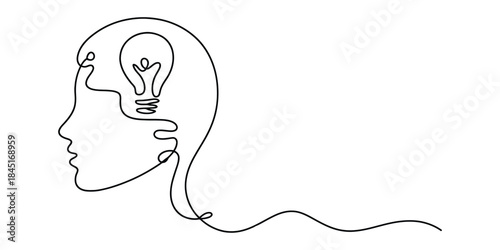 Continuous line drawing: idea in human head silhouette Vector, illustration