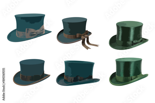 Elegant dark green satin top hat with a stylish matching ribbon and bow