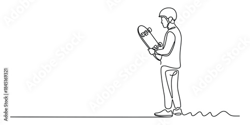 Continuous line drawing of person holding skateboard Vector, illustration