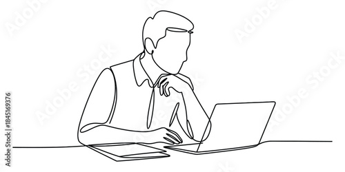 Continuous line drawing of man working on laptop Vector, illustration