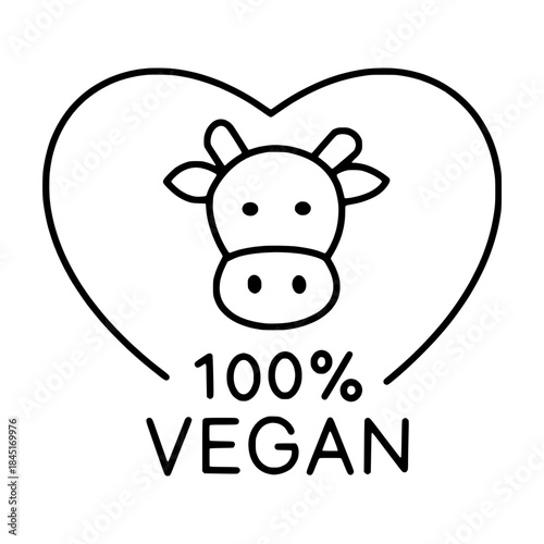 Outline vegan heart icon with cow symbol for plant based lifestyle