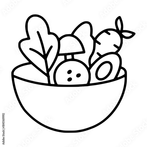 Handmade Outline healthy food bowl icon with vegetables for nutrition concept