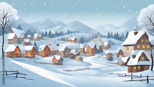 3D cozy illustration of houses on snow sorround with trees, Winter small towm/village view