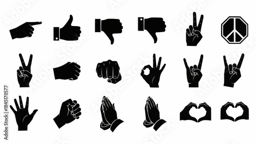 Collection of Hand Gestures and Symbols Icons Set.