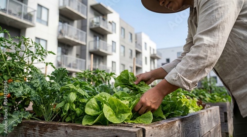 Person harvesting fresh lettuce from a raised rooftop garden outside modern apartment buildings