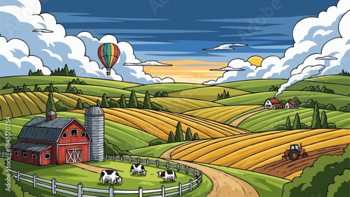 Farm scene with cows and tractor in a rural landscape.