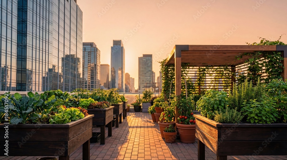 Fototapeta premium Rooftop vegetable garden with wooden raised beds and pergola overlooking city skyline at sunset