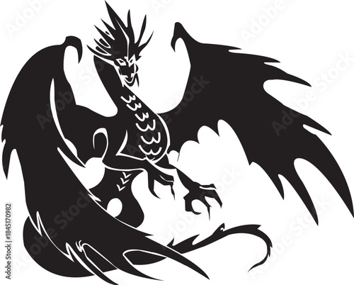 Fierce black dragon silhouette with spiky crest and large wings