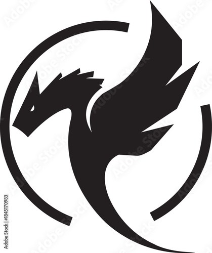 Black silhouette of a mythical dragon in a circular frame