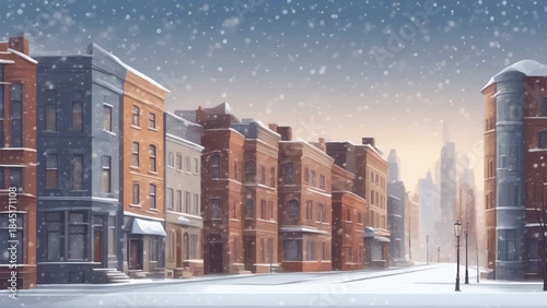 Winter Townscape with Snow Covered Buildings in Night Moon Light ,Winter Wonderland, a  winter snowy landscape