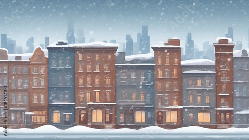 Winter Townscape with Snow Covered Buildings in Night Moon Light ,Winter Wonderland, a  winter snowy landscape