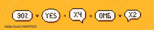 Pixel art 5 speech bubbles: 30 percent, yes, x4, omg and x2 words on yellow background.