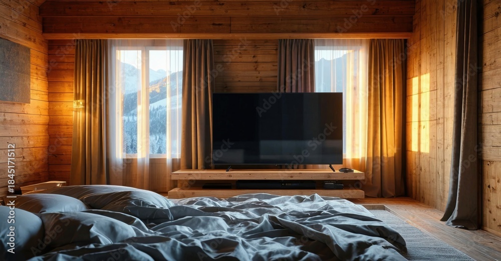 Fototapeta premium Cozy bedroom interior. Wooden walls, soft bedding, window views mountains. Warm lighting creates relaxing atmosphere. Simple, modern design.