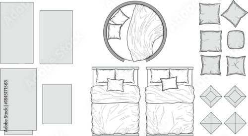 Bedroom furniture top view illustration with beds, pillows, blankets and rugs arranged for interior design planning isolated on white background