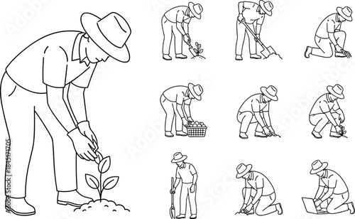 Farmer planting and harvesting crops line art illustration showing gardening, agriculture work poses isolated on white background, rural farm activity