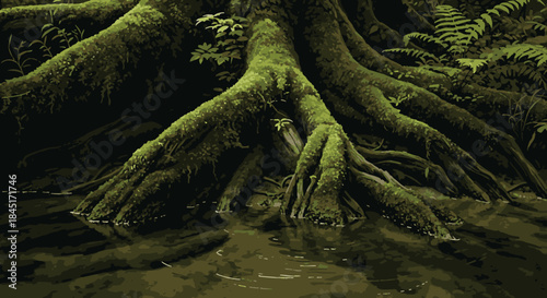 Massive, moss-draped tree roots anchor a venerable forest giant, gracefully intertwining with the dark, reflective water in a serene natural setting.