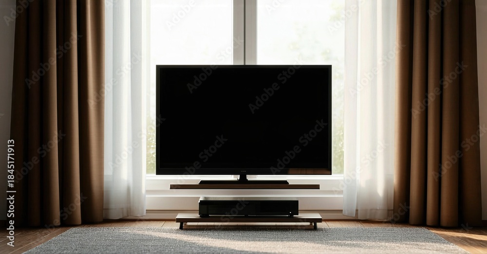Fototapeta premium Modern living room interior. Television mounted above media console. Curtains frame window, soft light illuminates space. Minimalist design.