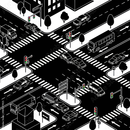 Isometric City Street Scene with Traffic.