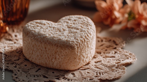 Heart-Shaped Cheese: Delicate heart-shaped cheese presented on intricate lace doily, symbolizing love, care, and the art of fine dining, paired with a touch of floral elegance.