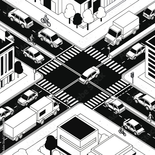 Isometric City Street with Vehicles and Pedestrians.