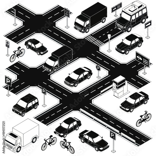 Isometric City Road Intersection with Vehicles.