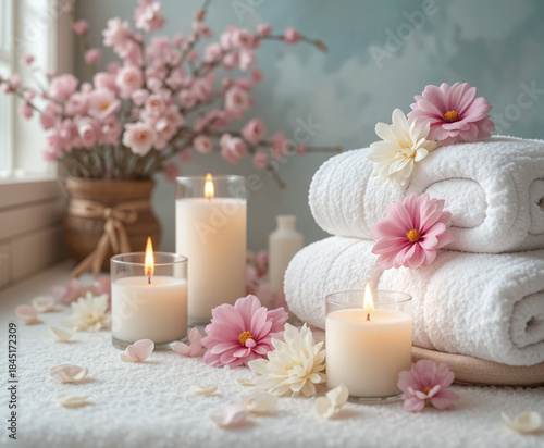 Soft spa illustration with white towels, pink flowers and candles in warm light, calm wellness atmosphere for relaxation and self care