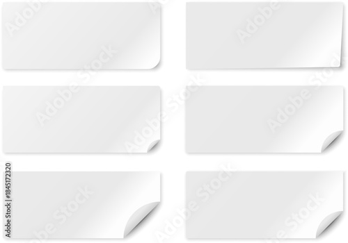 A set of clean white paper stickers with rounded corners, soft shadows, and realistic curled edges. Perfect for presentations, product mockups, branding, labels, tags, UI elements,